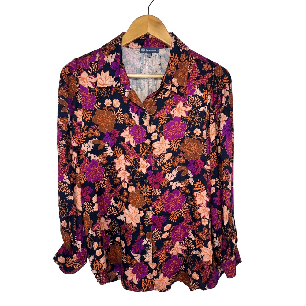 Democracy Boho Floral Button Down Blouse‎ M Navy Purple Orange Ecovero Viscose